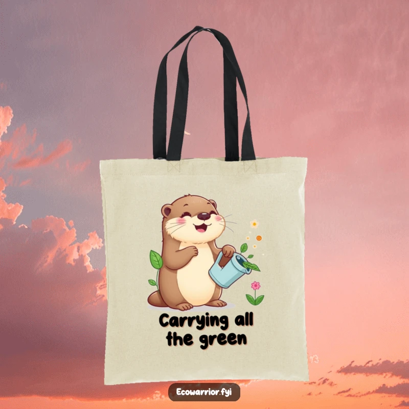 Funny Otter Gardener Tote Bag: A cute otter with a leaf watering can happily waters small plants, ready for errands.