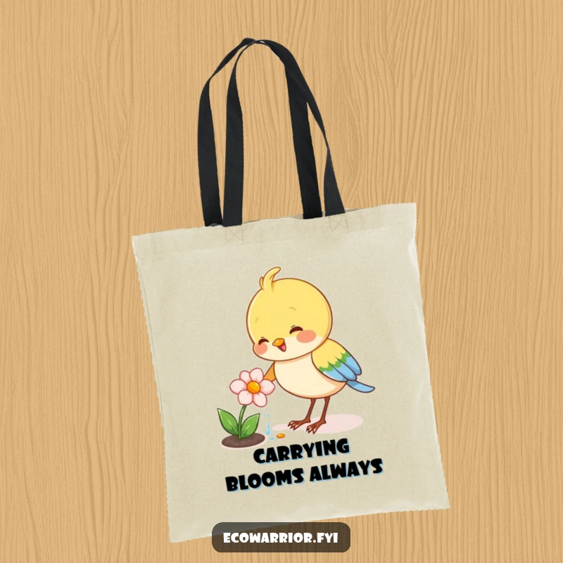 Funny tote bag with a joyful bird character watering a tiny blooming flower, perfect for carrying necessities with floral flair.