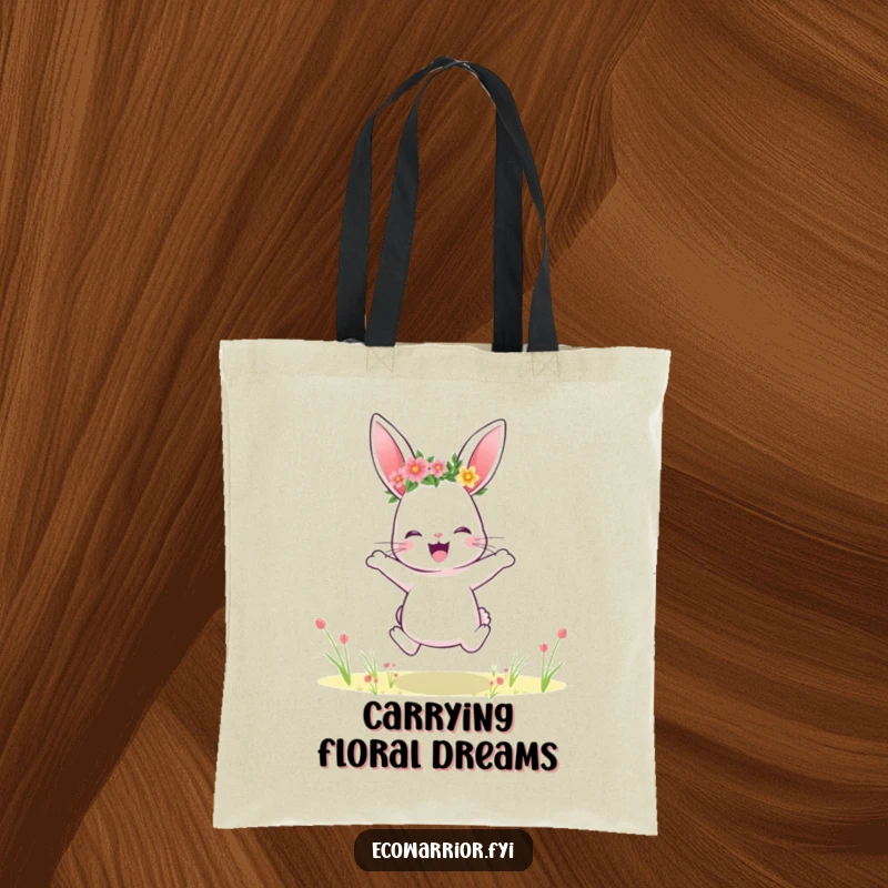 Funny rabbit tote bag, wearing a flower crown, jumping playfully in a field, perfect for everyday joy.