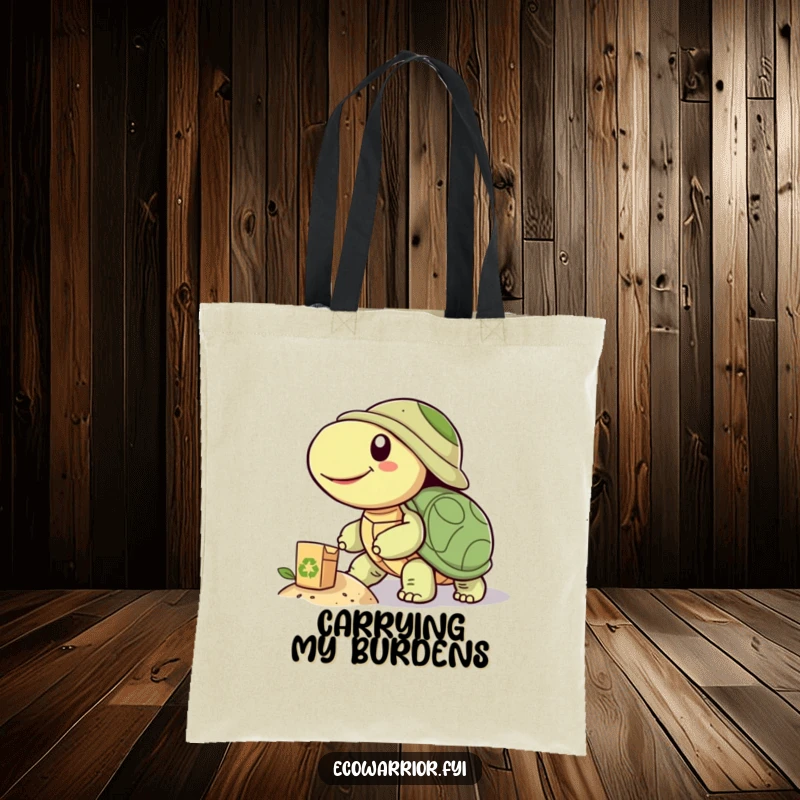 Funny tote bag showcasing a smiling turtle pushing a recycled object uphill, ideal for carrying essentials with a message of eco-friendly progress.