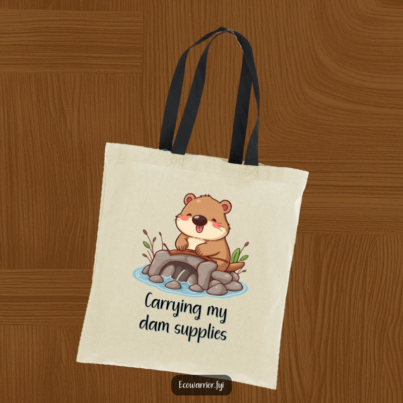 Funny tote bag depicting a happy beaver busy building a small dam with twigs, showcasing a delightful scene of nature's work.