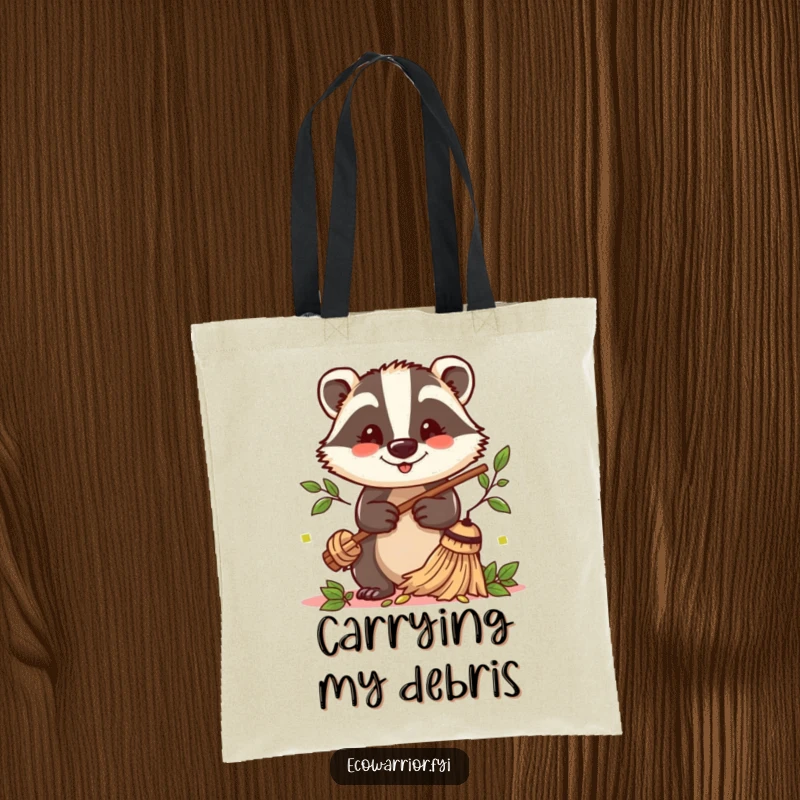 Funny Badger Sweeper Tote Bag: A cheerful badger with a twig broom sweeps leaves, ready for any task.