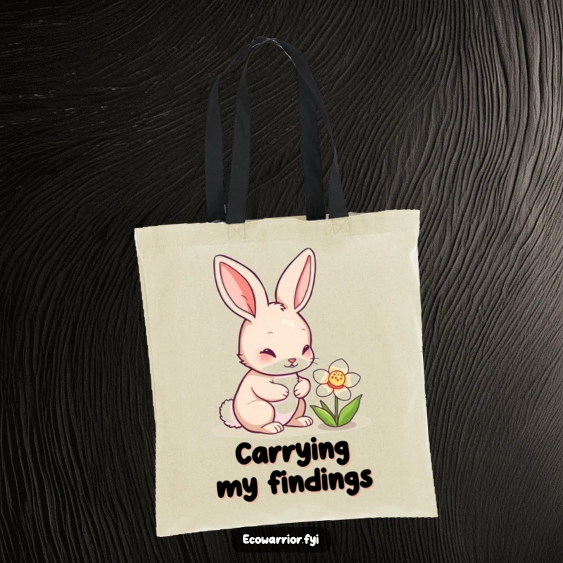 Funny rabbit character inspecting a blooming flower on a tote bag, representing curiosity and the beauty of nature, perfect for funny tote bag shoppers.