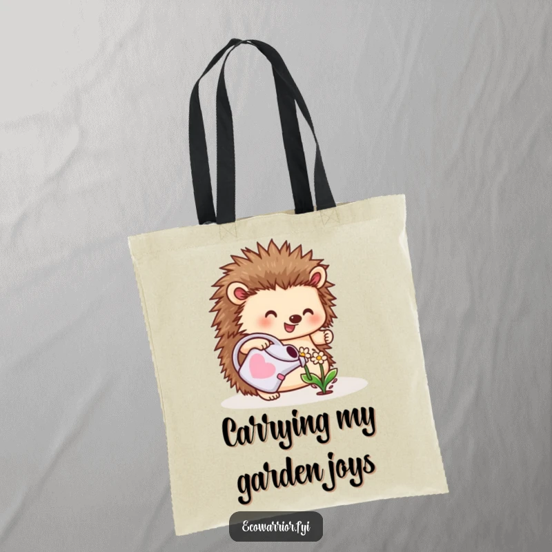 Funny tote bag showing a cheerful hedgehog watering a small flower with a watering can, celebrating gardening and cute critters.