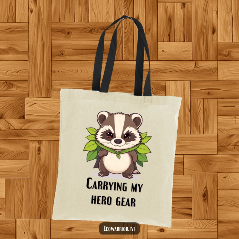 Funny tote bag featuring a determined badger wearing a leaf cape, ready to carry your items with heroic efficiency.