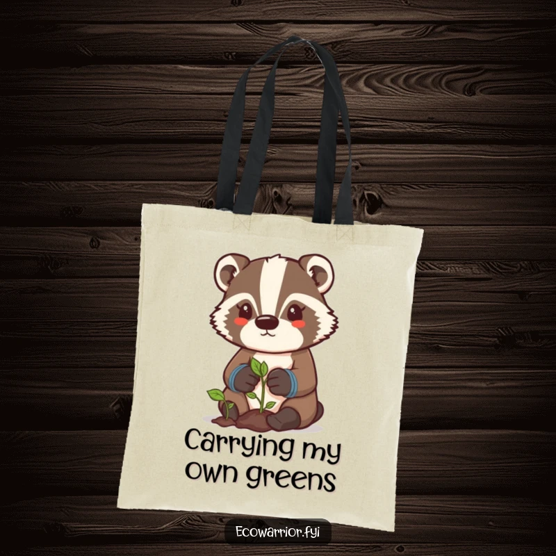 Funny badger gardener tote bag depicting a determined character with gloves, nurturing a sprout, perfect for humor.
