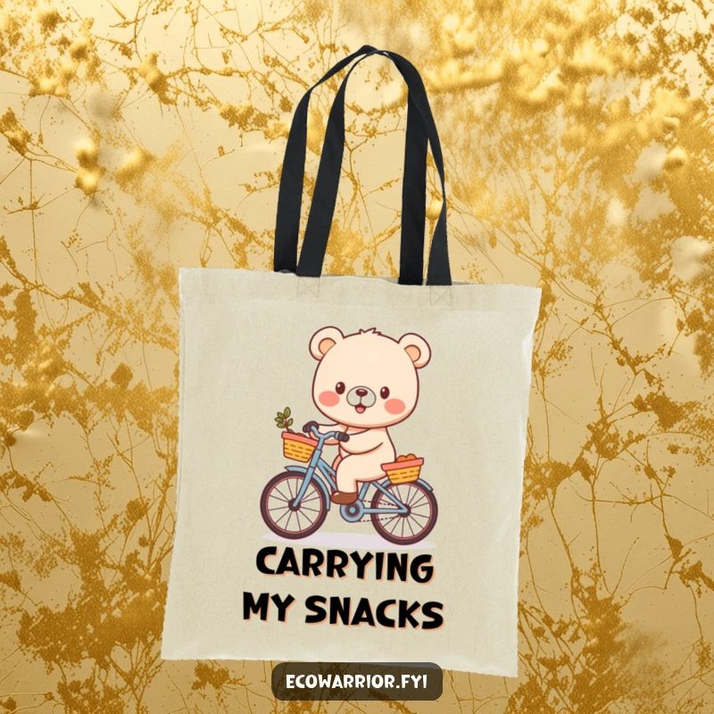 Funny Bear Cub Tote Bag featuring a cheerful character riding a bicycle with a basket, perfect for stylish and humorous everyday use.