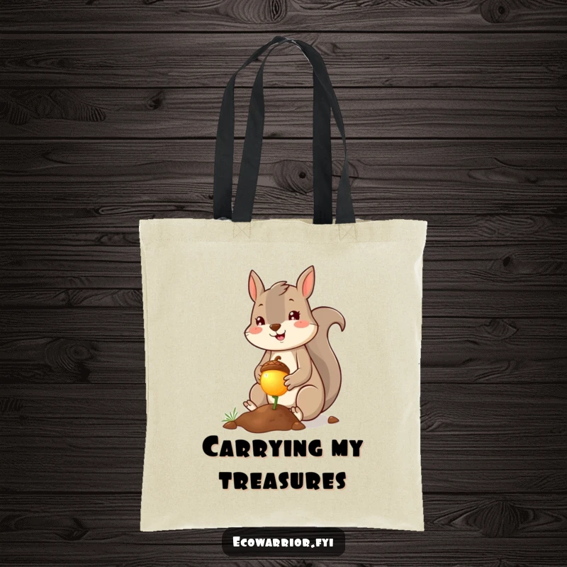 Funny squirrel planter tote bag, cheerful squirrel planting a tiny glowing acorn with a smile. A practical accessory for spreading magic. Perfect.