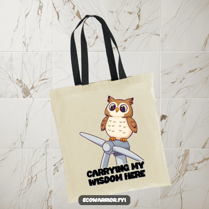 Funny tote bag featuring a delighted owl perched on a wind turbine, gazing upwards, promoting eco-friendly living.