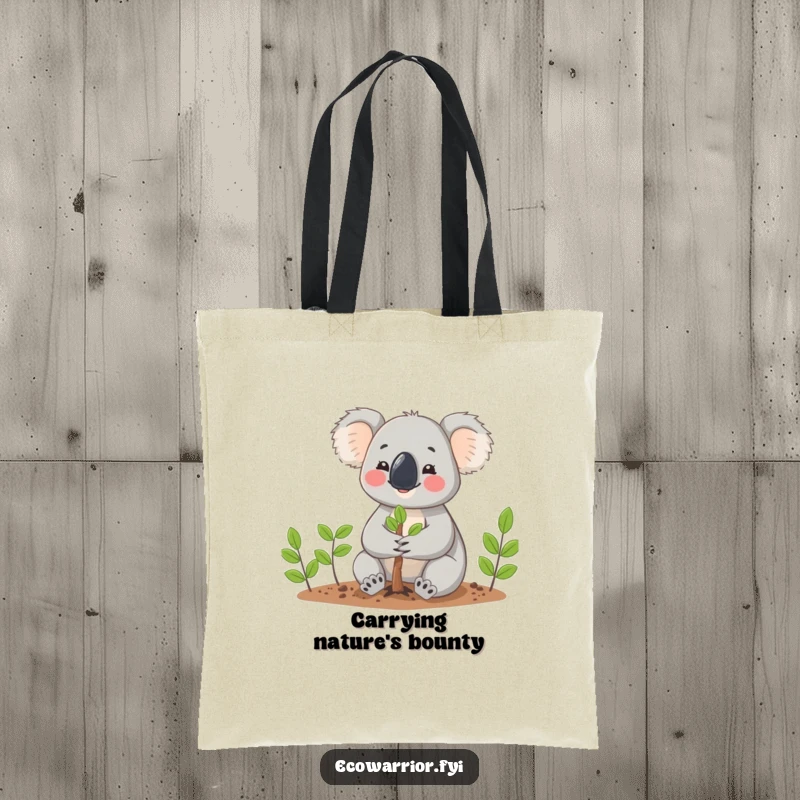 Funny Koala with gentle hands plants a tiny tree, radiating cheerfulness on a durable tote bag, ideal for eco-friendly shopping.