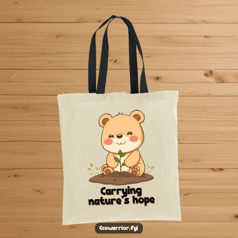Funny Tote Bag: Happy bear character planting a tiny seedling with a big, cheerful, beaming smile.