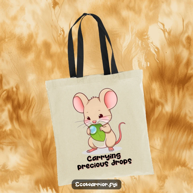 Funny Tote Bag showcasing a timid mouse carefully balancing a dewdrop on a leaf.