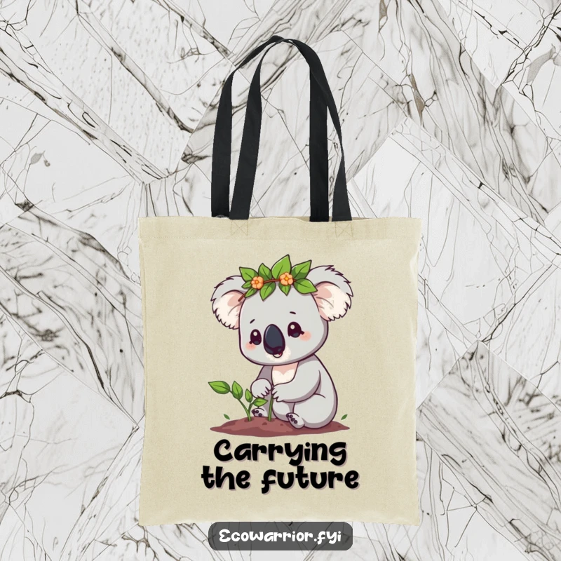Funny Koala Tote Bag: Cute koala in a leaf crown determinedly planting a sapling, perfect for eco-conscious shoppers, a funny gift.