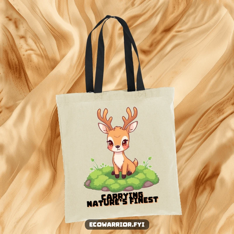 Funny Deer Tote Bag showing a majestic deer protectively overseeing a patch of vibrant moss, perfect for carrying essentials.