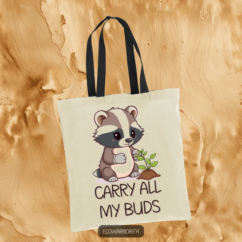 Funny tote bag featuring a determined badger in gardening gloves, carefully tending to a small sprout.