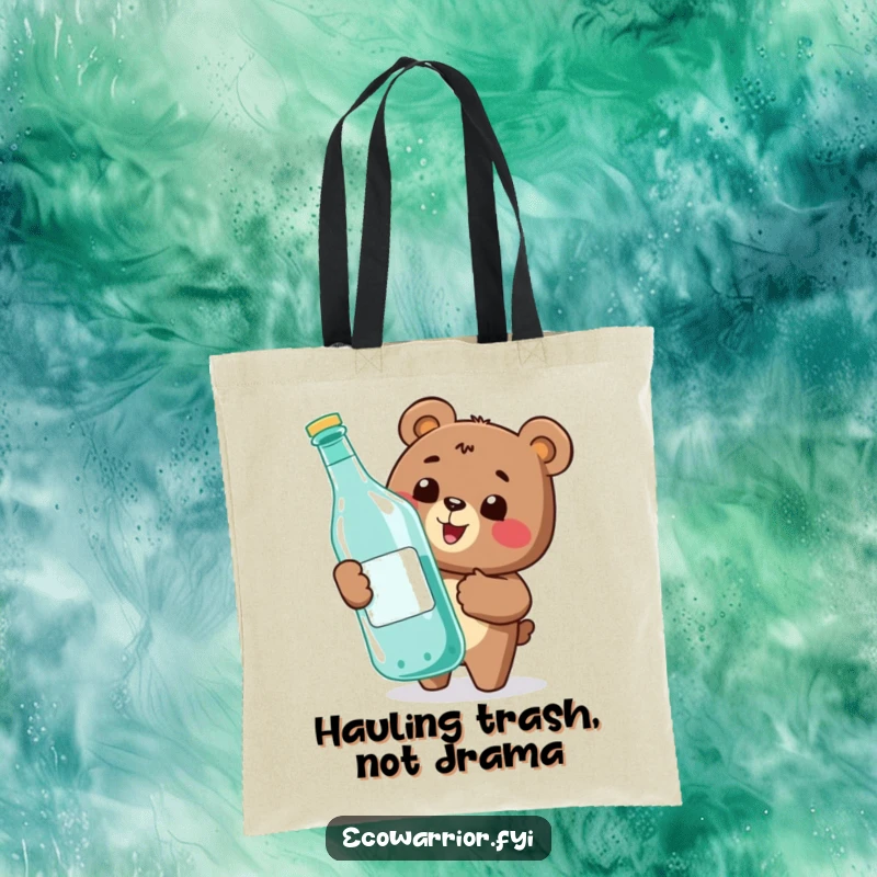 Funny tote bag with a happy bear giving a thumbs-up while recycling a large bottle, perfect for eco-friendly errands.