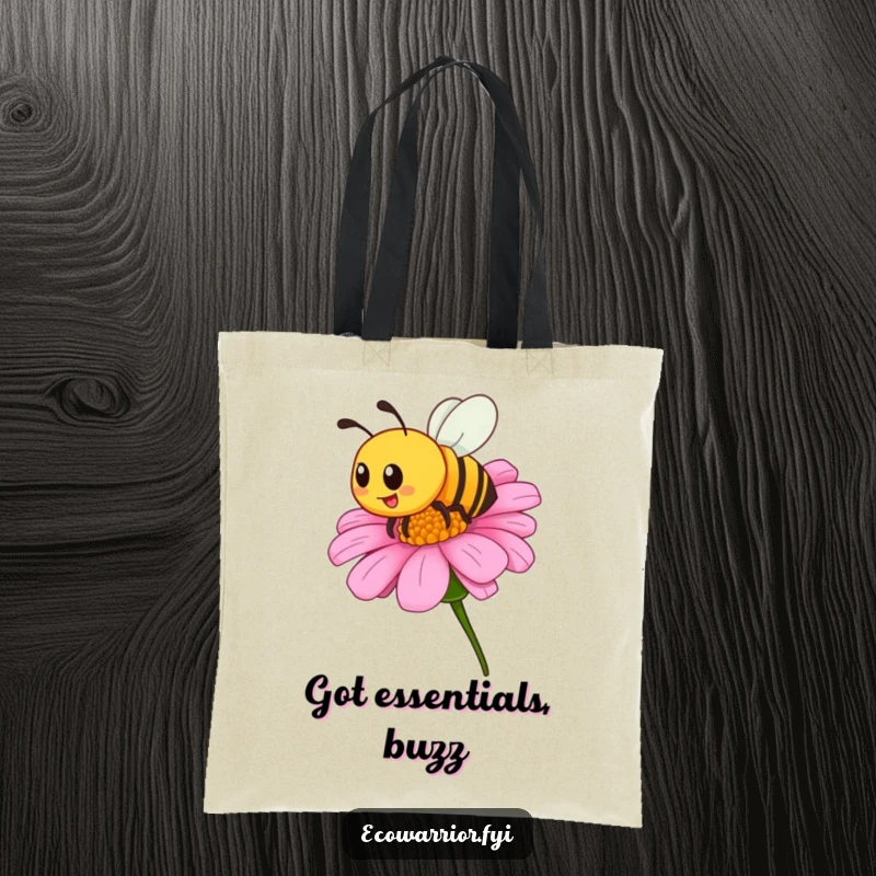 Funny tote bag showcasing a proud bee buzzing around a blooming wildflower, ideal for carrying essentials with a splash of humorous nature appreciation.