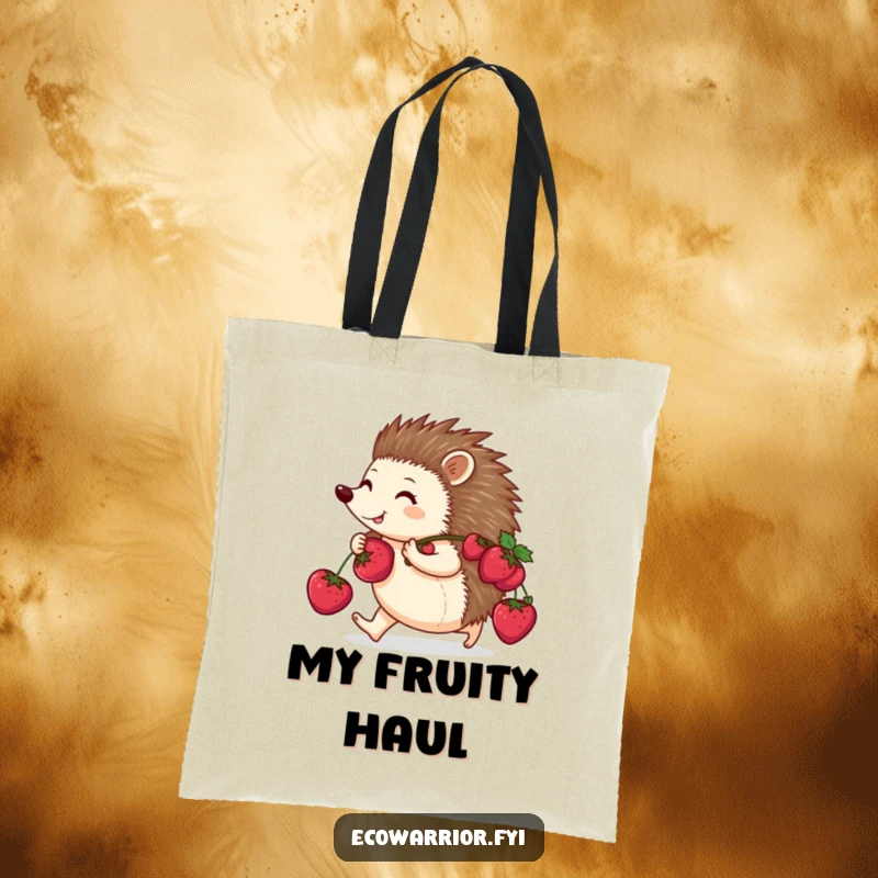 Funny tote bag featuring a happy hedgehog purposefully walking with berries on its back, perfect for carrying groceries or treasures.