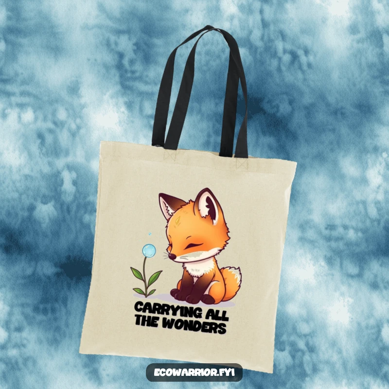Funny fox cub tote bag, illustrating a small, wide-eyed cub examining a dewdrop on a plant, highlighting a moment of pure wonder.