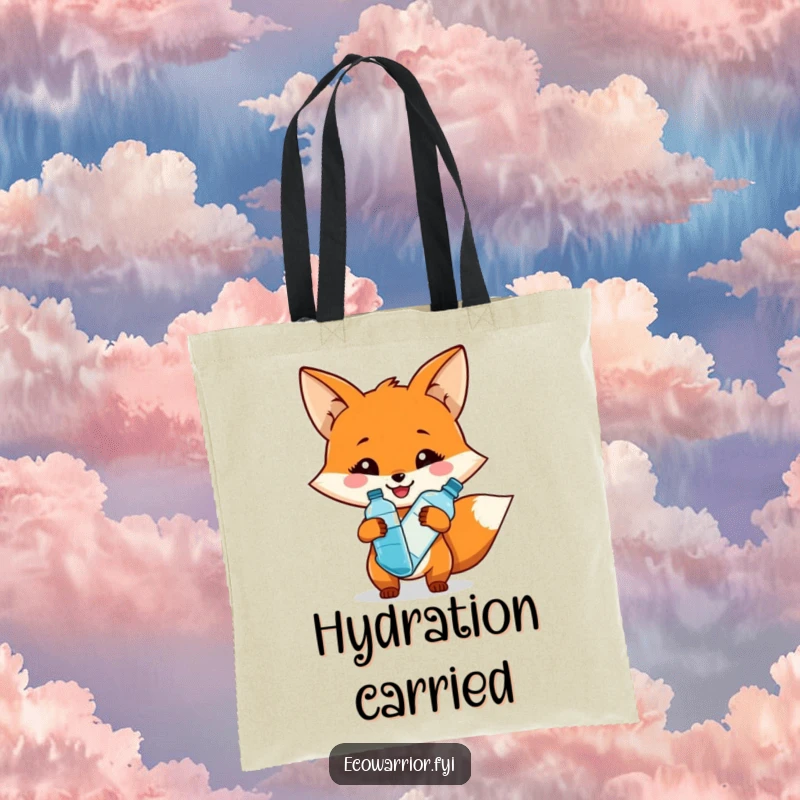 Funny tote bag featuring a smiling fox character holding a reusable water bottle, promoting hydration and eco-friendly habits.
