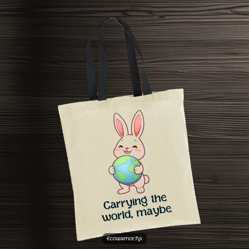Funny Joyful Rabbit Globe Tote Bag: A joyful rabbit holding a globe, pointing to a green landmass, perfect for travel.