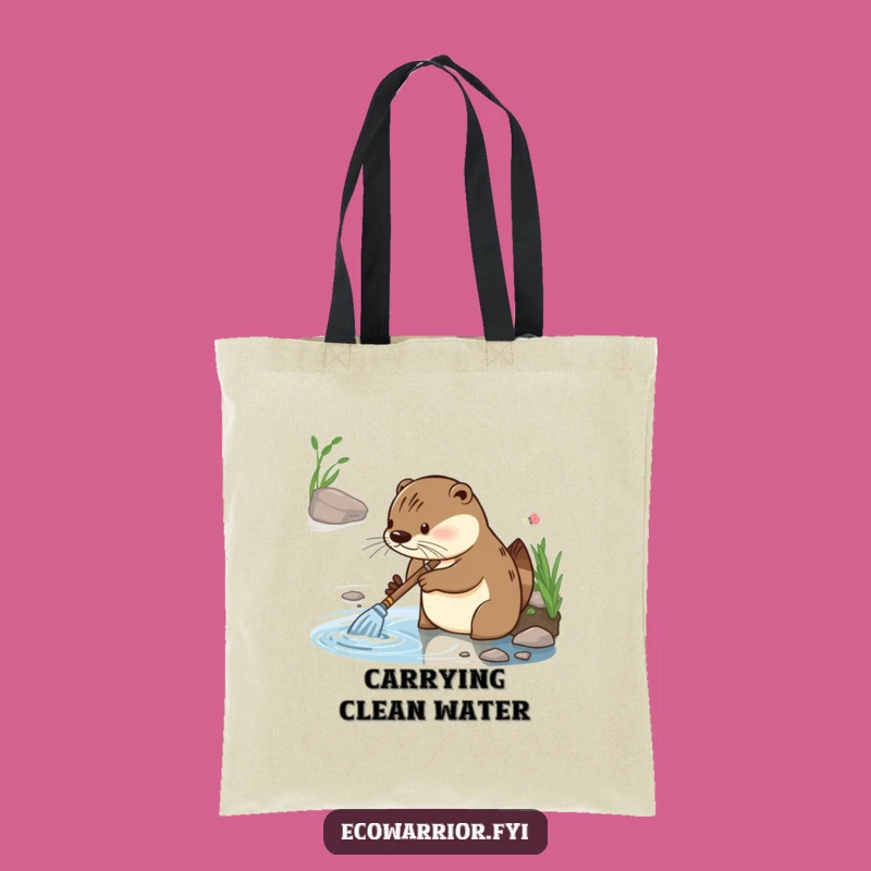 Funny Otter Cleaning Tote Bag: Diligent Riverbank Worker's Gleeful Carry-All