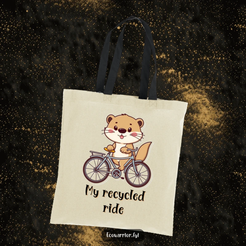 Funny otter riding a bicycle made of recycled items on a durable tote bag, promoting eco-friendly style with humor.