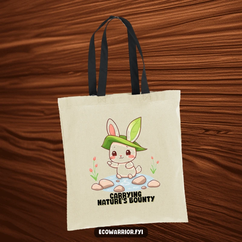 Funny rabbit with a leaf hat pointing at a clean stream on a durable tote bag, promoting eco-awareness with humor.