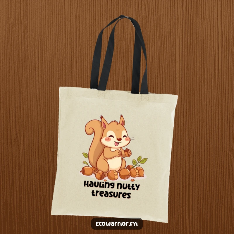 Funny Tote Bag showcasing a cheerful squirrel gathering a large quantity of acorns quickly.
