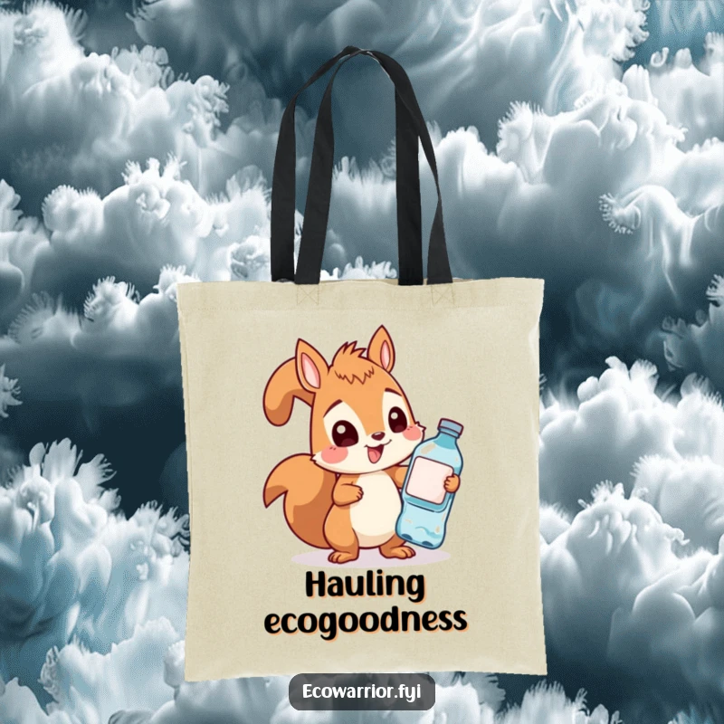Funny squirrel enthusiastically gathering plastic bottles on a durable tote bag, showcasing environmental determination and cute humor.