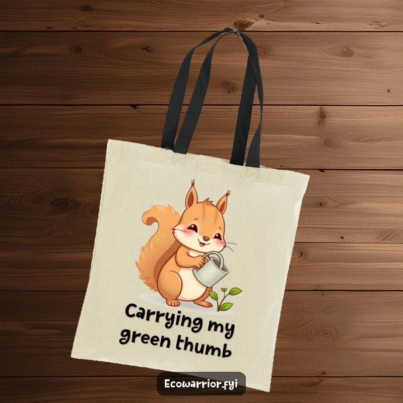 Funny squirrel tote bag, a cheerful character watering a young sprout with a tiny can, showcasing gardening passion.