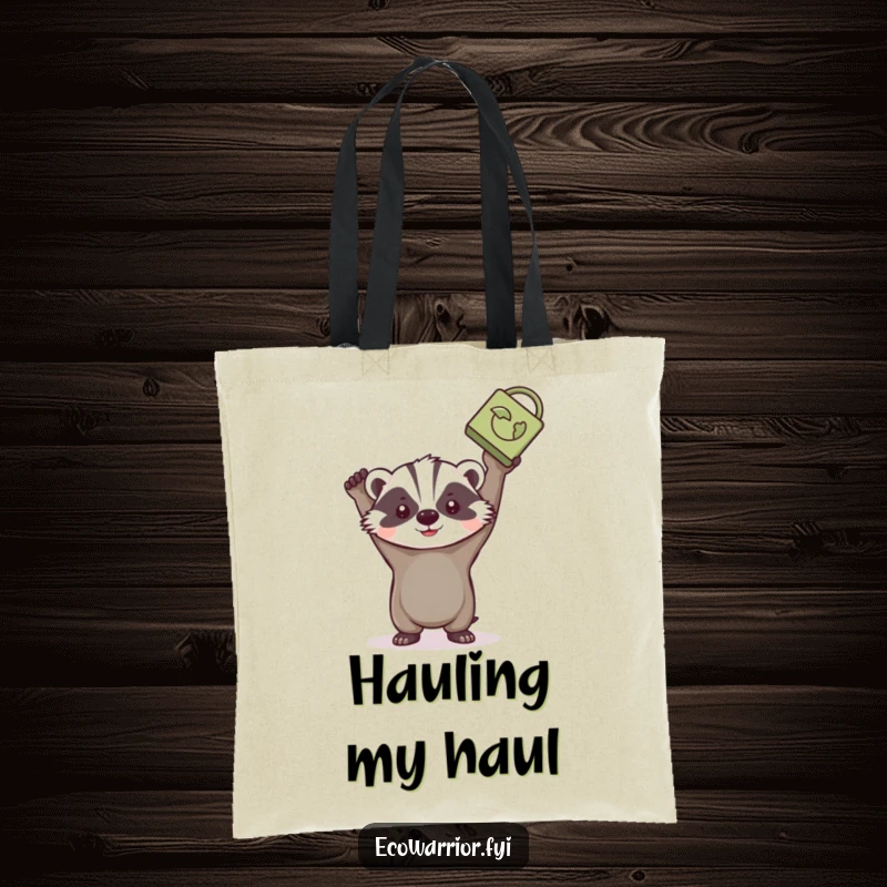 Funny badger tote bag, determinedly holding a recycled item, a symbol of environmental action and care.