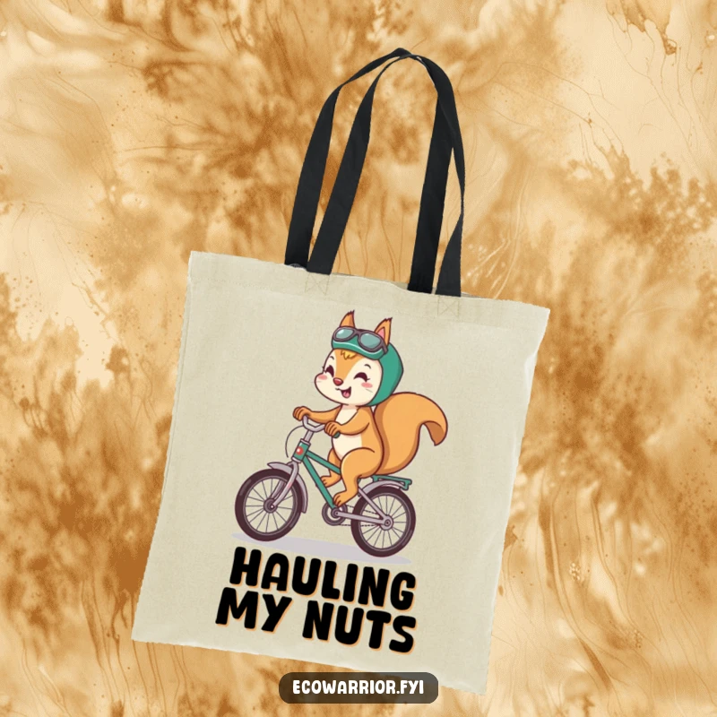 Funny squirrel tote bag featuring a playful squirrel riding a recycled bicycle, great for shopping.