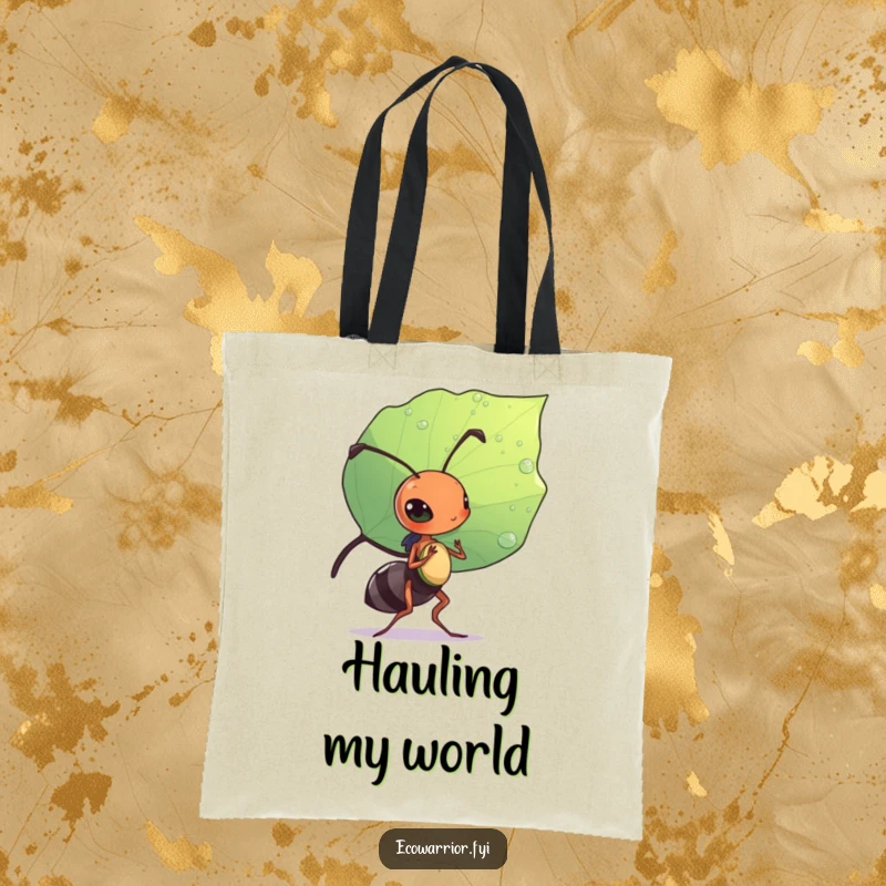 Funny tote bag with a diligent ant holding a leaf like a shield, symbolizing strength and responsibility.