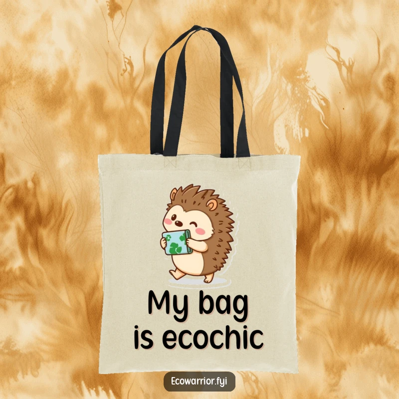 Funny hedgehog character carrying a bundle of recycled materials on a tote bag, emphasizing eco-friendliness with a humorous touch, great for funny tote bag shoppers.