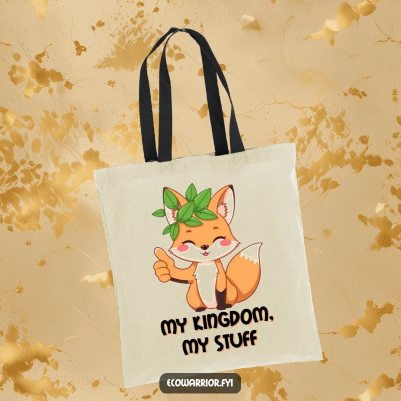 Funny playful fox crowned with leaves gives a thumbs up on a durable tote bag, perfect for stylish carrying.