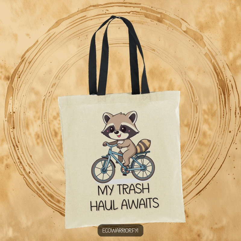 Funny tote bag showing a smiling raccoon riding a bicycle made of recycled parts, promoting sustainable commuting and fun.