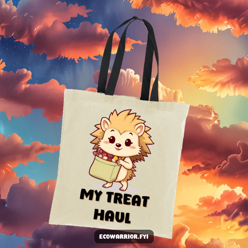 Funny hedgehog with a reusable shopping bag full of treats on a durable tote bag, promoting eco-friendly shopping with humor.